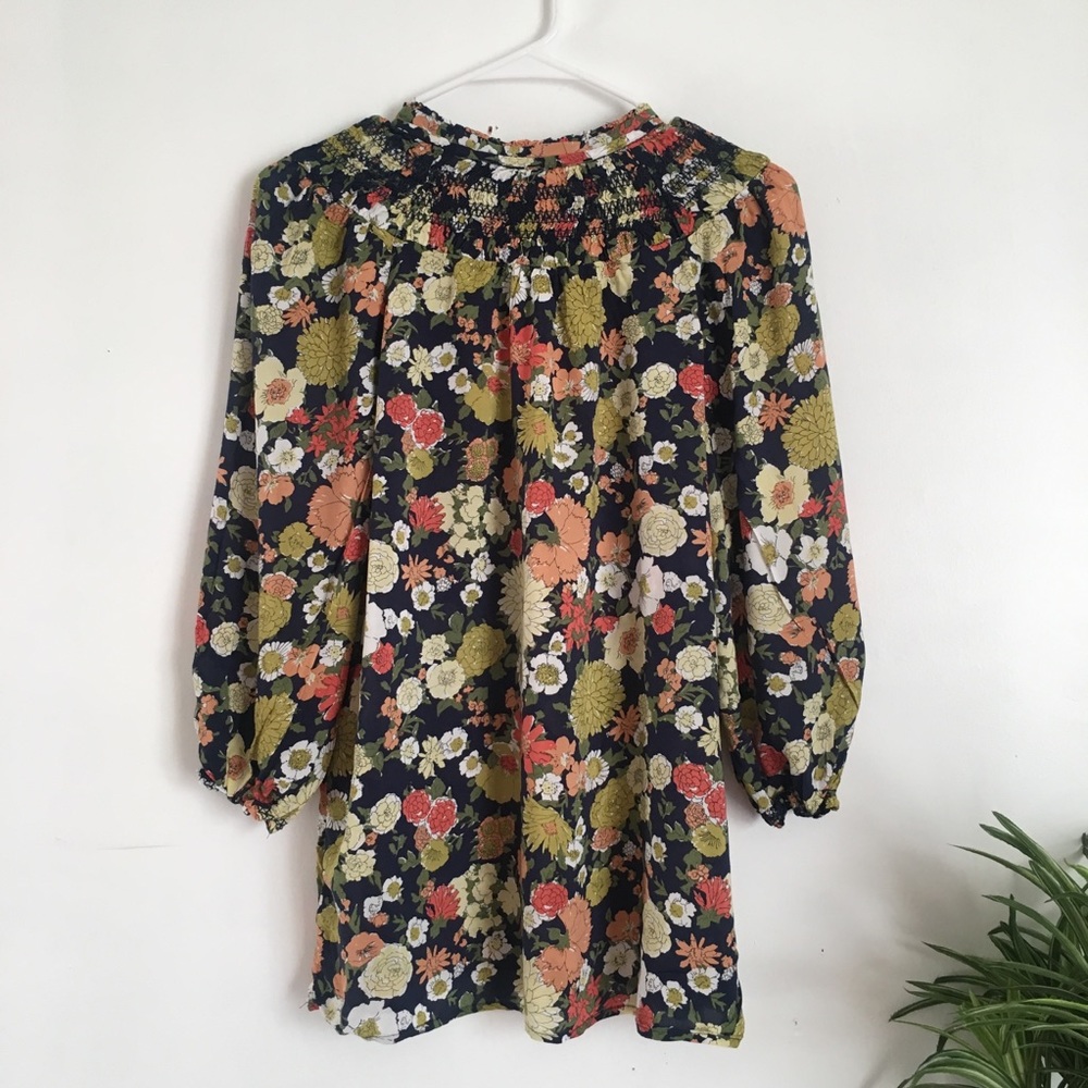 Anthropologie Navy Floral Peasant Blouse with Olive and Coral - Picture 5 of 6